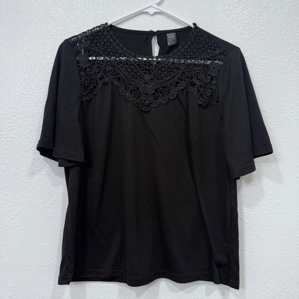 Emery Rose Black Lace Neck Detail Flutter Sleeve Top Size‎ L